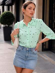 Women's Heart Print 3/4 Sleeve Blouse, Peter Pan Collar Ruffle Cuff Top, Romantic Style, Suitable For Office, Casual, Spring, Autumn, Summer - Mint Green - View 1