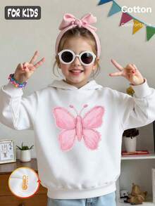 Autumn Winter Girls Fleece Hoodie With Pink Butterfly Print, White Long Sleeve Pullover With Ribbed Cuffs Y2K - White - View 2