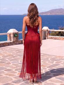 Women's Elegant Strapless Rhinestone Floral Tassel Bandage Evening Dress - Burgundy - View 5