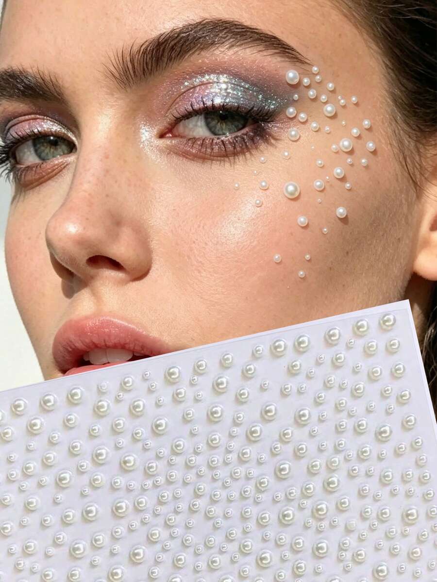 1/4/7 Sheets 3D Pearl Facial Gem Stickers, Self-Adhesive Face & Body Rhinestone Pearl Sticker Hair Decoration DIY Decoration Accessories Diamond Decoration, For Rave Accessories, Valentine's Day Gift,Concert Look,Face Gems - White - View 1