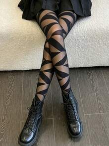 Women's Black Geometric Pattern Transparent Leggings, Gothic Y2K Punk Semi-Sheer Tights, Suitable For Daily, Party And Club Wear - Black - View 5