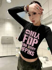 New Black Short Long Sleeve T-Shirt Women Y2K Generation Fun Pink English Print Spring Autumn Korean Style Round Neck Versatile Casual Slim Fit Top - Black - View 3