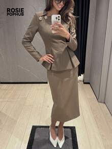 ROSIE POPHUB Women Brown Square Neck Long Sleeve Peplum Blouse, Floral Metal Button Decor Side Invisible Zipper Elegant Office Commute Fall Winter Top - Coffee Brown - View 5