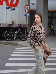 Women's Leopard Print Knit Cardigan Sweater, Tie Front, Long Sleeve, Regular Length, Medium Stretch, Autumn Open Front Top - Brown - View 3