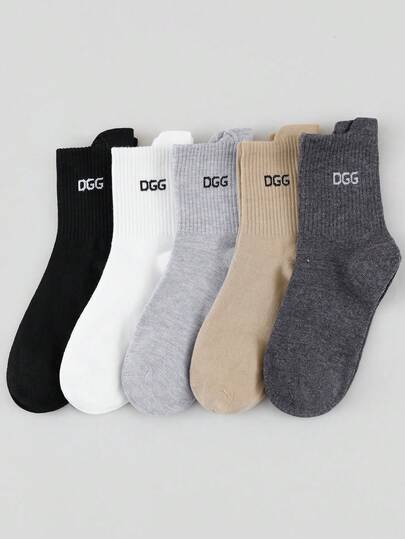 5 Pairs Men's Mid-Calf Socks, Letter Jacquard Heel, Simple, Comfortable, Casual, Fitness, Running Sports Socks