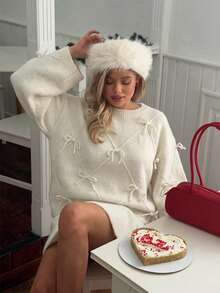 VIBEWAVE Women's Rhombus Pattern 3D Bow Sweater, Autumn/Winter Sweet Loose Long Sleeve Pullover Knit Top - White - View 4