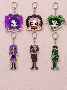 6pcs Freak Circus Acrylic Keychains, Chibi Big Head & Full Body Jester/Harlequin Design, Anime Cartoon Style, Backpack/Shoulder Bag Charm, Car Key Ring Accessory, Ideal Gift For Anime Fan/Friend - Multicolor - View 2