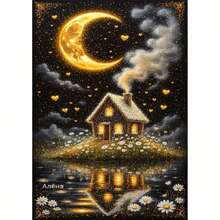 1PC DIY 5D Diamond Painting Kit Moonlit Cottage Pattern - Round Full Drill Diamond Art Mosaic Craft, Home Wall Decor, Frameless - No Frame - View 1