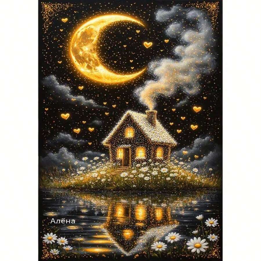 1PC DIY 5D Diamond Painting Kit Moonlit Cottage Pattern - Round Full Drill Diamond Art Mosaic Craft, Home Wall Decor, Frameless - No Frame - View 1
