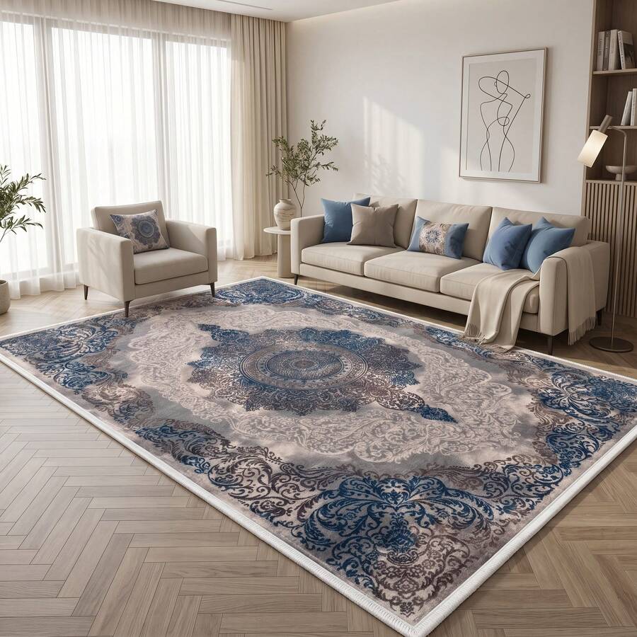 Washable Modern Minimalist Patterned Area Rug – Scandinavian Geometric Design, Contemporary Washable Carpet For Living Room, Bedroom & Home Decor - Coffee Brown - View 1