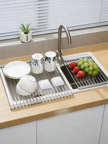 1pc 47cm 15-Tube Stainless Steel Foldable Sink Drain Rack, Space-Saving Dish Drying Rack With Roll-Up Design, Suitable For Kitchen Dish Washing, Drying And Draining, Cloth And Sponge Drying Rack - Light Grey - View 5