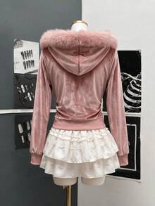 Lurzo Glossy Plush Hooded Jacket For Teen Girl, Suitable For Autumn/Winter, With Faux Fur Trim, Ribbed Cuffs And Bow Pattern, Perfect For Casual Wear And Back To School Season - Pink - View 5