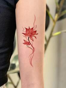 1pc Temporary Tattoo Sticker, Red Lotus Ink Wash Pattern, Realistic Tattoo Design, Suitable For Daily Wear, Bachelorette Party Favors, Music Festivals, Games, Graduation Gifts, Lasts 3-5 Days - Red - View 5