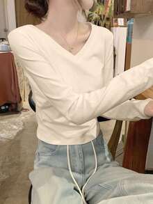 女款多功能V領純色長袖內搭底層T恤上衣，秋冬款 - 杏色 - 查看 4