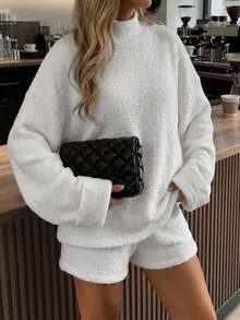 Unadoll Women Fall Winter White Textured Knit Two Pieces Outfit, Elegant Basic Turtleneck Top & Shorts Set For Back To School, Daily Going Out - White - View 1