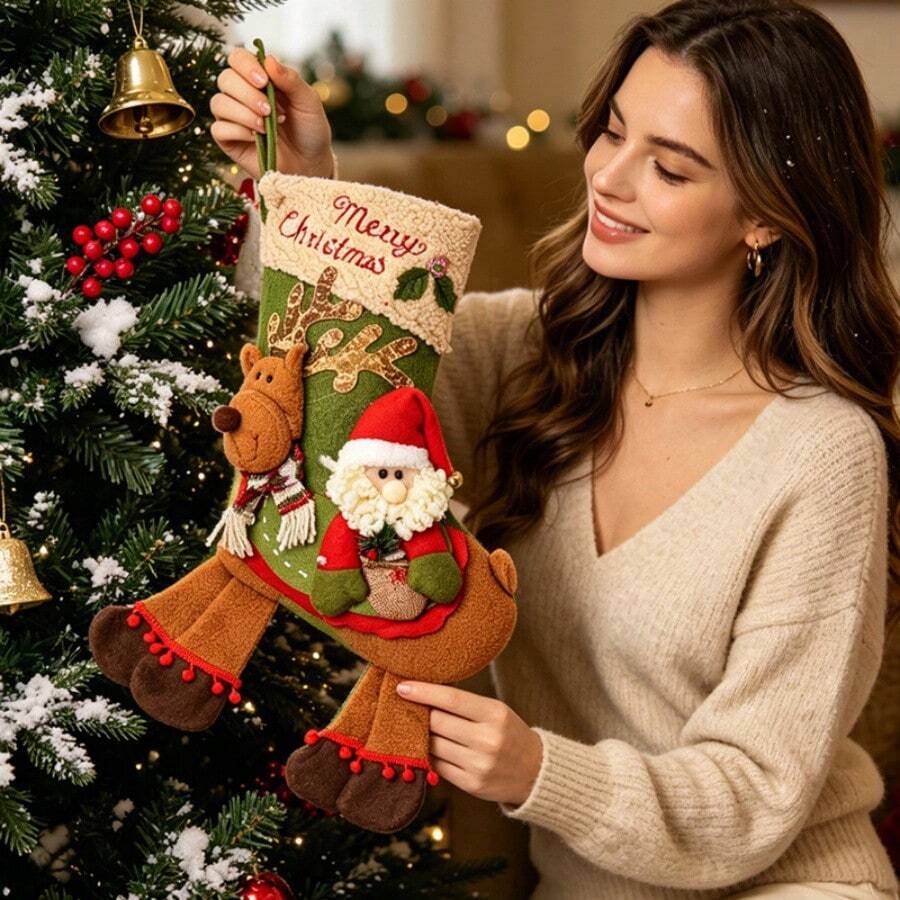 4pcs Cartoon Long Legged Reindeer Christmas Socks Gift Bags, Santa Claus Snowman Doll Decor, Christmas Party Hanging Decorations - Multicolor - View 1