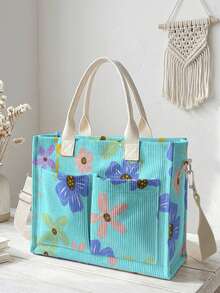 1pc Colorful Small Flowers Print Corduroy Multi-Pocket Large Capacity Storage, Snap Button Closure, Shoulder Tote Bag For Student Daily Commute School - Multicolor - View 10