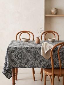 1pc Grey-Blue Base Black Vintage Damask Floral Pattern Tablecloth, Retro Classic Style Fabric Material, Rectangular Black Wavy Jagged Edge Detail, Stain-Resistant Protection For Tabletop And Decorative Enhancement, Suitable For Daily Home And Retro Classic Style Restaurant Decor - Black - View 8