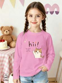 Girls Cotton Raglan Long Sleeve T-Shirt, Autumn Winter Long Sleeve, Cartoon Cat And 'hii!' Text, Cute Sweet Girly Preppy Style - Light Wine Red - View 2