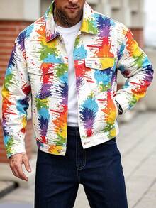 NEWTUSFAN Jaket Denim Motif Grafiti Warna-warni untuk Pria - MultiWarna - View 1