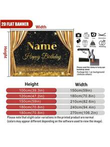 Customizable Name Black & Gold Glowing Background Happy Birthday Banner, Gold Glitter Curtain Design, Suitable For Birthday Party Cake Table Backdrop Decor, Photography Backdrop, Vinyl Material - Gold - View 6