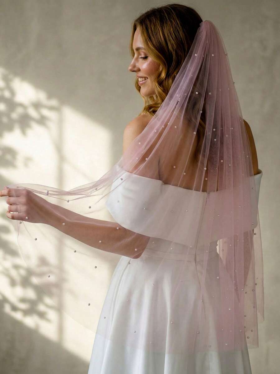 1pc Pink See-Through Tulle Scattered Pearl Veil, Long Flowy Bridal Veil For Pre-Wedding Portrait