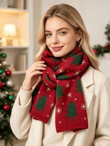 2/1pc Christmas Tree Knit Scarf Unisex, Snowflake Christmas Tree Pattern Warm Winter Neck Warmer, Soft Thick Knit Shawl, Red And Green 2 Colors, Holiday Couple Accessory, Outdoor Cold Weather Wear, Perfect Christmas Gift For Family And Friends - Multicolor - View 4