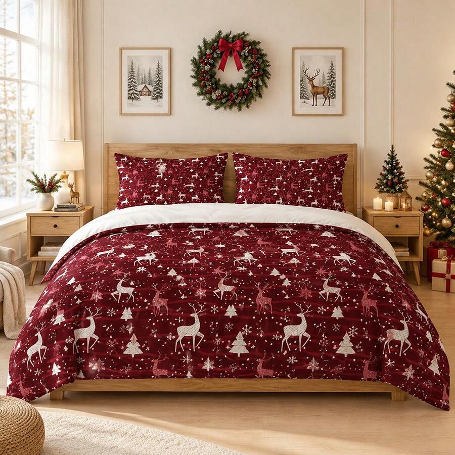 3 Pieces Dark Green Christmas Snowman Print Duvet Cover Set, Nordic Style Soft Microfiber Rectangular Bedding With 2 Matching Pillowcases, Breathable Cozy Comforter Cover For Winter Holiday Bedroom Home Decor