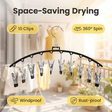 1pc 10-Clip Rotating Drying Rack With 360° Swivel Hook And Non-Slip Clips - Ideal For Socks, Underwear, And Delicates - Rust-Resistant Metal Construction - Multicolor - View 2