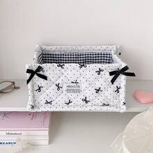 1pc Cute Bow Quilted Fabric Storage Basket Foldable Desktop Organizer Bin Two-Size Makeup Cosmetic Storage Box For Vanity Table Bedroom Home Decor - Multicolor - View 13