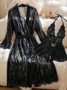 Women's Black Lace Deep V-Neck Bodysuit With Long Nightgown, Sheer Mesh Fabric, Lace Lingerie Set, Intimate Home Wear, Suitable For Couples Date - Black - View 3