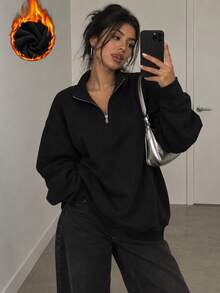 Sweatshirt Wanita Musim Gugur/Dingin Terbaru, Longgar, Minimalis, Warna Polos, Setengah Resleting, Kasual, Modis, Serbaguna, Berlapis Termal - Hitam - View 2