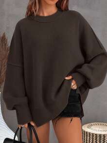 Solid Drop Shoulder Split Hem Sweater,Long Sleeve Tops Casual Fall - Coffee Brown - View 1