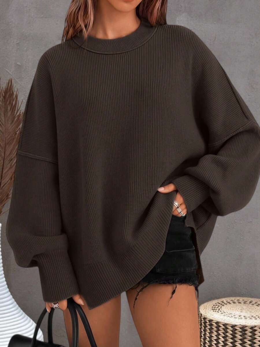 Solid Drop Shoulder Split Hem Sweater,Long Sleeve Tops Casual Fall - Coffee Brown - View 1
