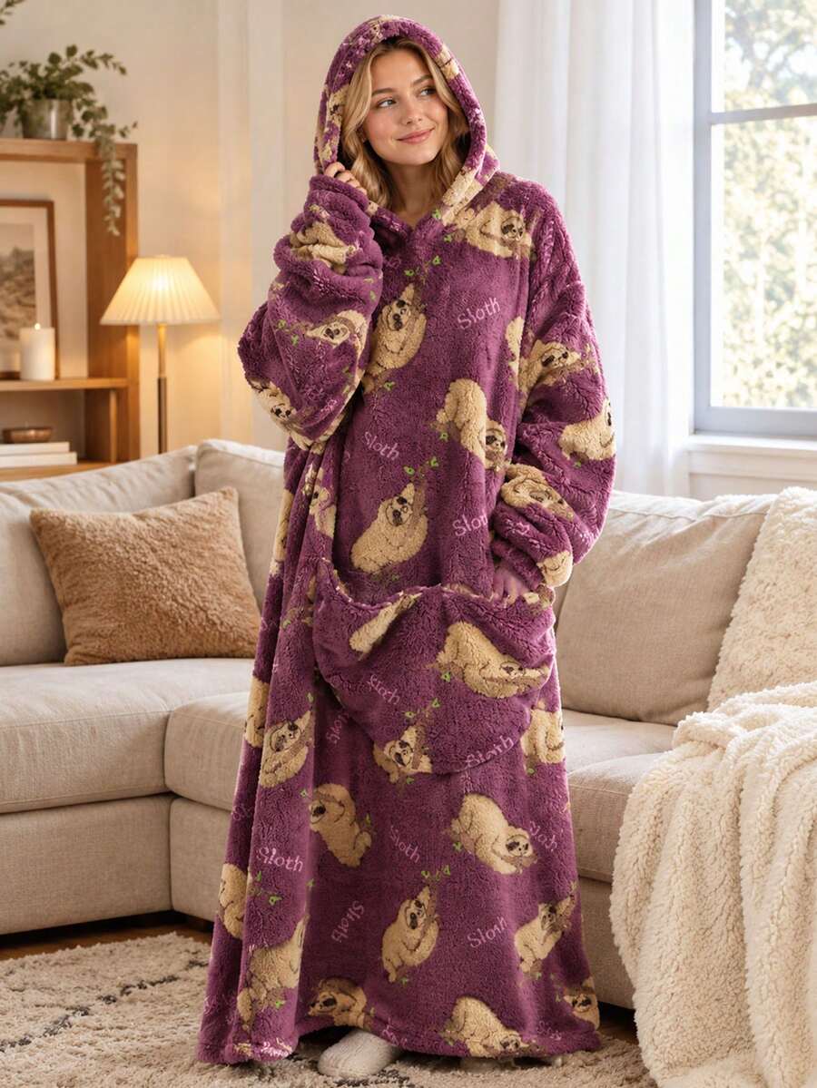 Printed Flannel Pullover Bathrobe, Comfortable Fleece Loungewear, Thickened Warm Anti-Cold Clothing - Multiple Styles - View 1