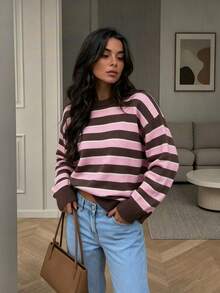 Women's New Autumn/Winter Striped Round Neck Long Sleeve Knit Top For Commuting And Daily Wear - Coffee - View 4