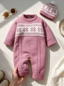 Vintage Snowflake Jacquard Baby Sweater & Romper 2 Pieces Set, Round Neck Cable Knit Jumpsuit With Pom Pom Hat, Stylish Autumn/Winter Outfit For Infants - Pink - View 2