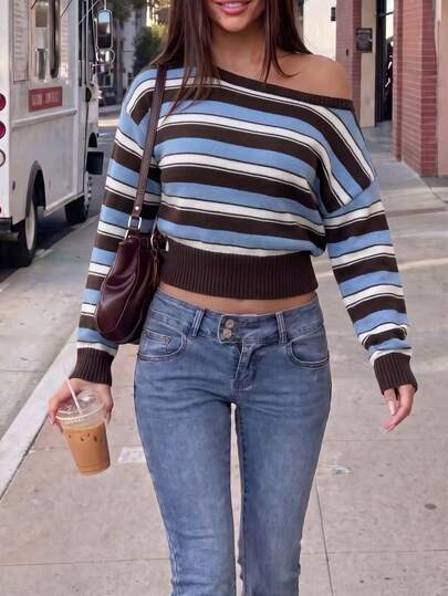 Women's Off-Shoulder Striped Long Sleeve Cropped Sweater, Suitable For Autumn Daily Wear