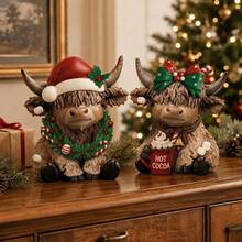 2pcs Christmas Highland Cow Decor, Plush Cow Shaped Holiday Ornament, Christmas Hat & Bow Design, Suitable For Living Room, Fireplace, Tabletop, Entryway And Holiday Home Decor - A - View 5