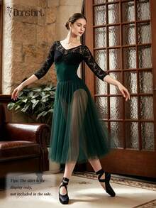 DonsGirl 1pc Women's 3/4 Sleeve Lace Patchwork Ballet Leotard, Elegant Deep V-Neck Backless Sports Gymnastics Training & Performance Dance Outfit - Dark Green - View 9