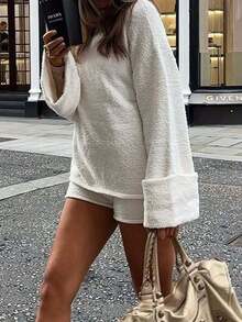 Unadoll Women Fall Winter White Textured Knit Two Pieces Outfit, Elegant Basic Turtleneck Top & Shorts Set For Back To School, Daily Going Out - White - View 4