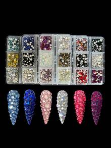 1 Box 6-Grid Mixed Color Round Rhinestone Nail Art Gems, Colorful Flat Bottom Nail Gemstone Set, DIY Nail Decoration, Suitable For Christmas DIY Nail Design And Daily Wear - Multicolor - View 1