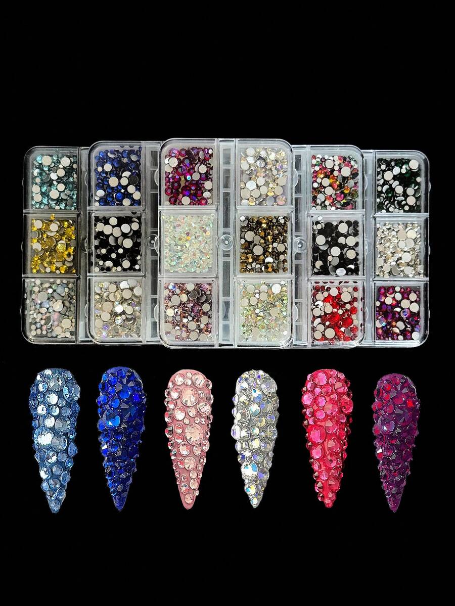 1 Box 6-Grid Mixed Color Round Rhinestone Nail Art Gems, Colorful Flat Bottom Nail Gemstone Set, DIY Nail Decoration, Suitable For Christmas DIY Nail Design And Daily Wear - Multicolor - View 1