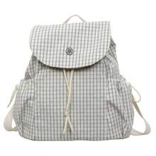 Cream Checked Gingham Print Rucksack, Drawstring Flap Design Large Capacity, For School Daily Travel, Round Metal Buckle Casual Bookbag - Multicolor - View 11