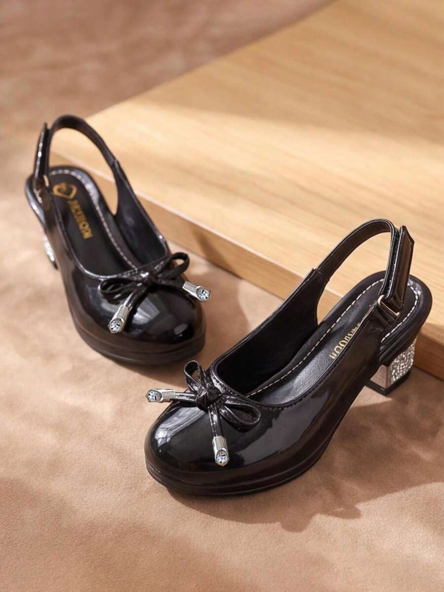 New 3-12 Years Girls Butterfly Rhinestone Sandals, Rhinestone Upper, Mesh Butterfly Pearl Ankle Strap, Transparent Shiny Style - Black - View 1