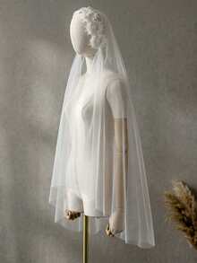 Bridal Veil Lace Flower Pearl Wedding Veil Soft Tulle Wedding Veil Without Comb - Off White - View 8