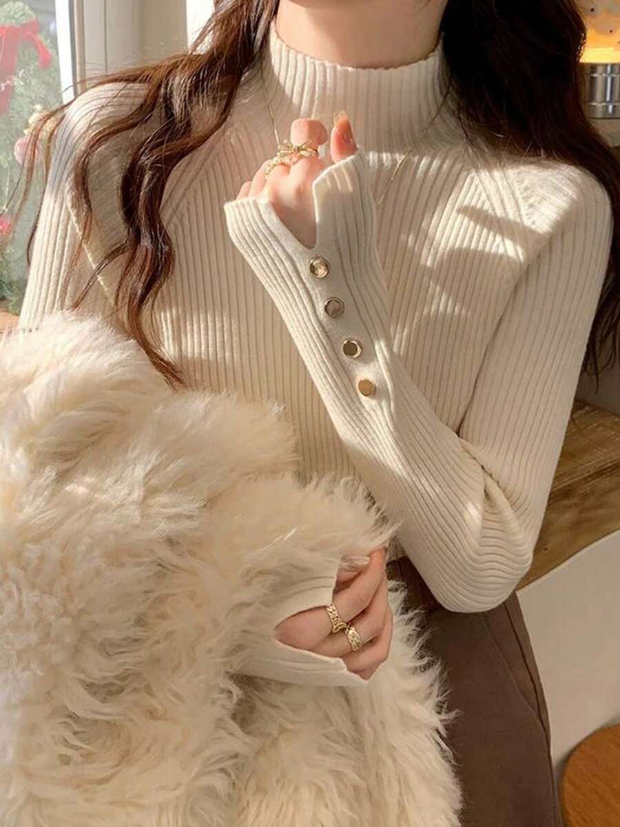 Women's Semi-High Neck Base Layer Sweater, Autumn/Winter - Apricot - View 1
