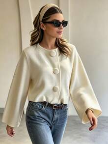 Women's Autumn/Winter French Gentle Style Round Neck Large Button Knit Cardigan, Loose Long Sleeve Bell Sleeve Elegant Versatile Crop Top - Off-white - View 3