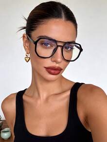 1 Pair Women's Black Aviator Frame Versatile Clear Lens Glasses, Suitable For Computer, Gaming, TV, Smartphone, Clear Lens, Eye Protection - Black Flat - View 1