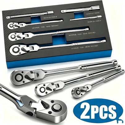 2-Piece Universal Ratchet Wrench Set, 1/4 Inch 3/8 Inch 1/2 Inch Drive Ratchet Handle Set, With Extension Rod, Adjustable Angle Sleeve Tool Set, Suitable For Auto Repair, Garage DIY